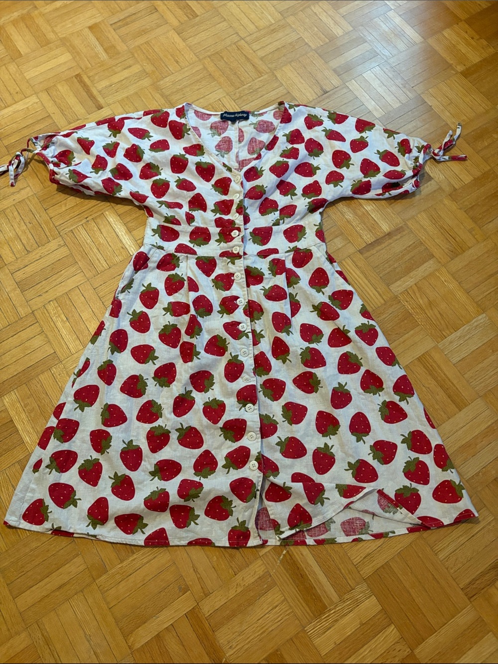 Ptincess  Highway Strawberry Print White and Red Button-Front Dress
